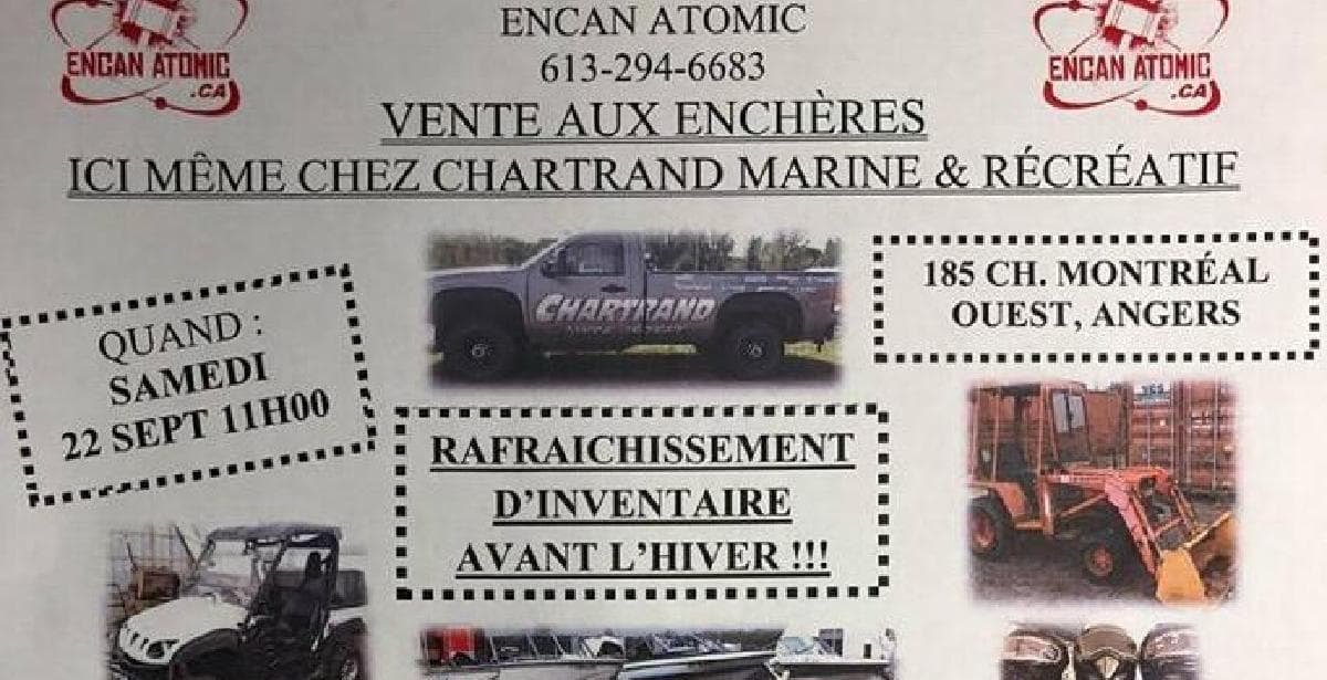 Vente aux enchères ce samedi chez Chartrand Marine & Récréatif