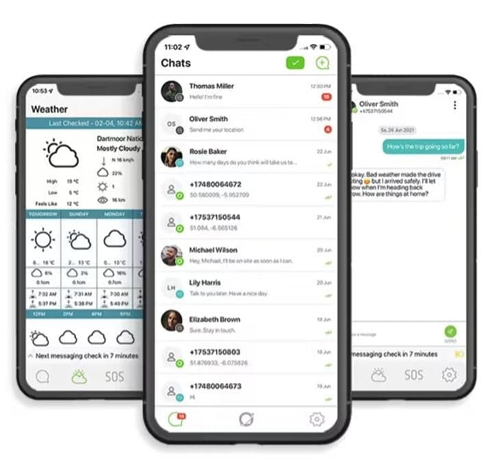 Image avec trois téléphones ayant l’application ZOLEO ouverte avec chacune représentant un menu différent