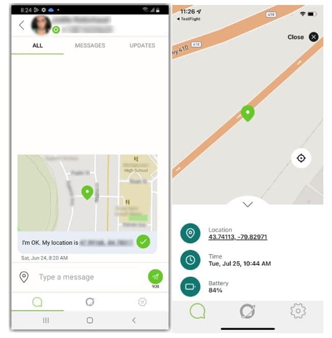 Image avec écran de téléphone affichant le contenu d’un « Check-In Message » soit location, temps et pourcentage de la batterie du ZOLEO.