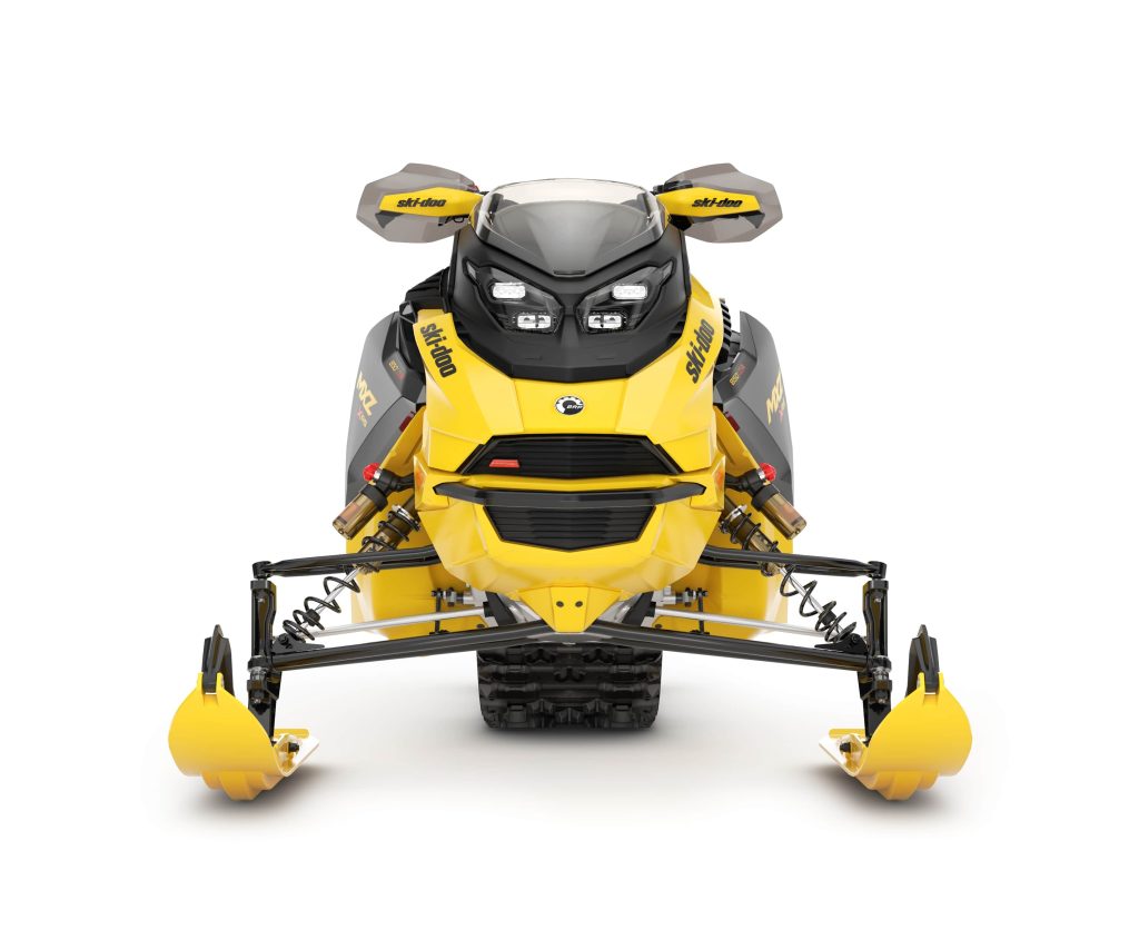 une motoneige ski-doo 2025 jaune et noire vue de face sur font blanc