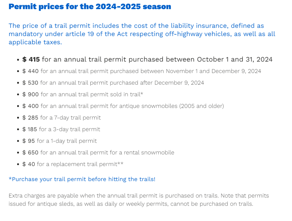 Quebec snowmobile trail permit - rates 2025