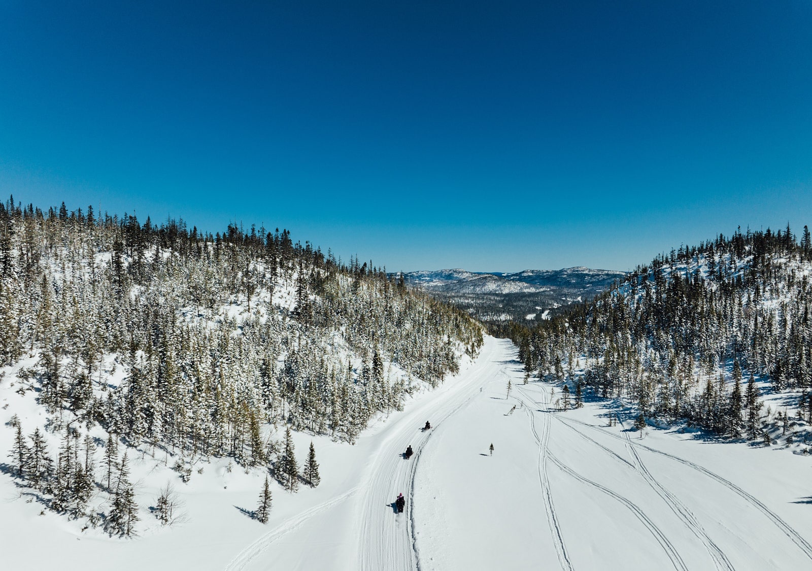 Motoneiges traversant une vallée entourée de forêts enneigées dans les sentiers de motoneige au Saguenay–Lac-Saint-Jean.