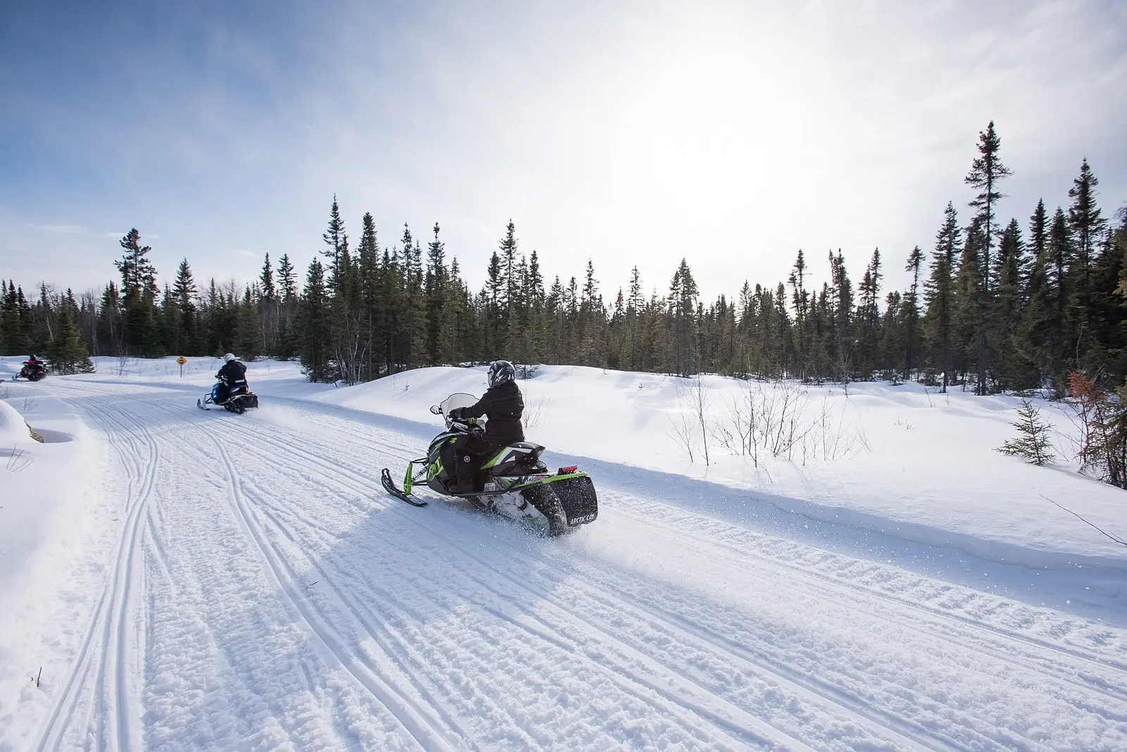 Snowmobiles driven on a snow-covered trail in the Abitibi-Témiscamingue region surrounded by a coniferous forest. The sky is clear, and daylight illuminates the winter landscape.