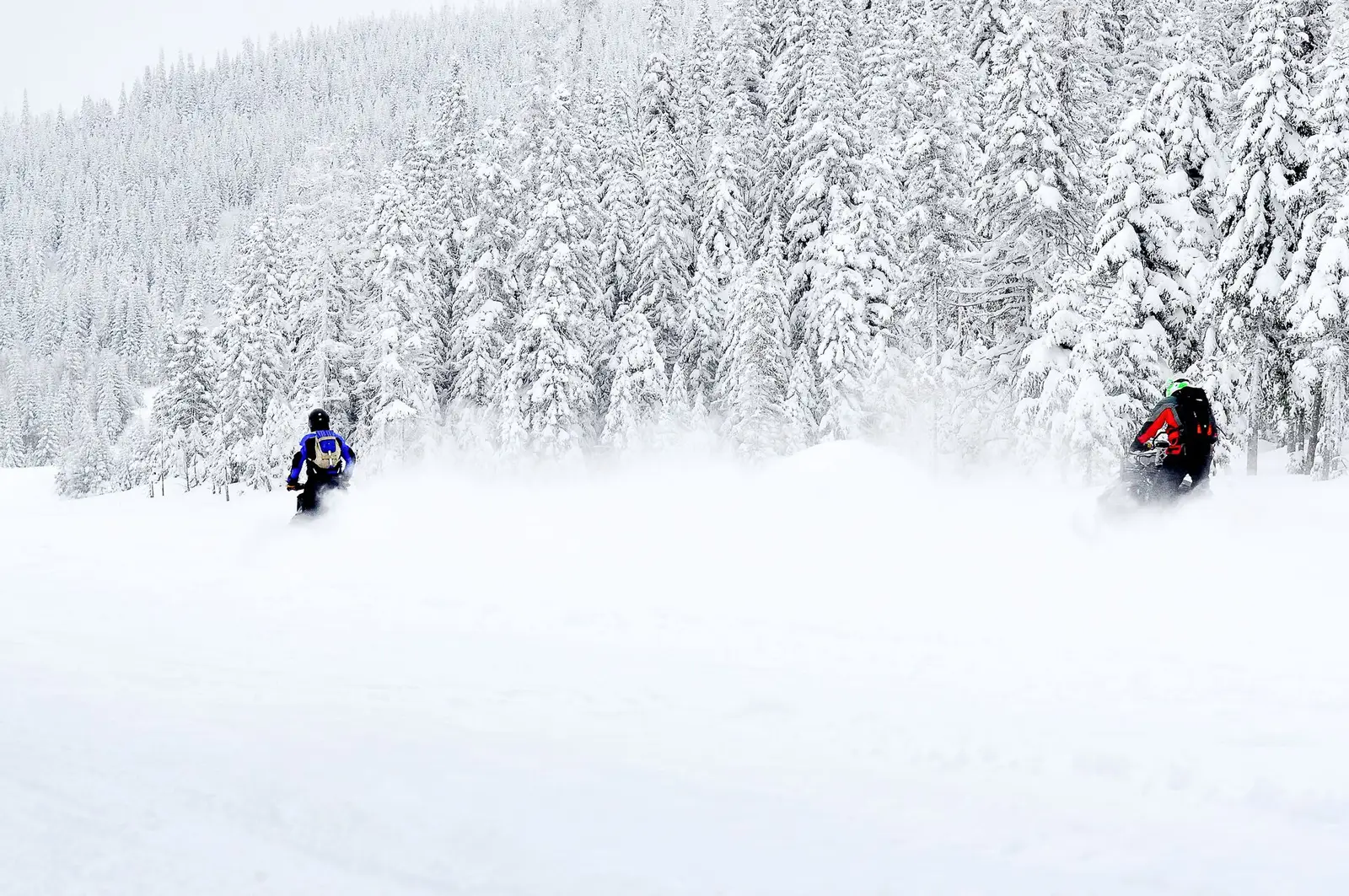 Two snowmobilers riding through fresh powder | © Martial Tremblay